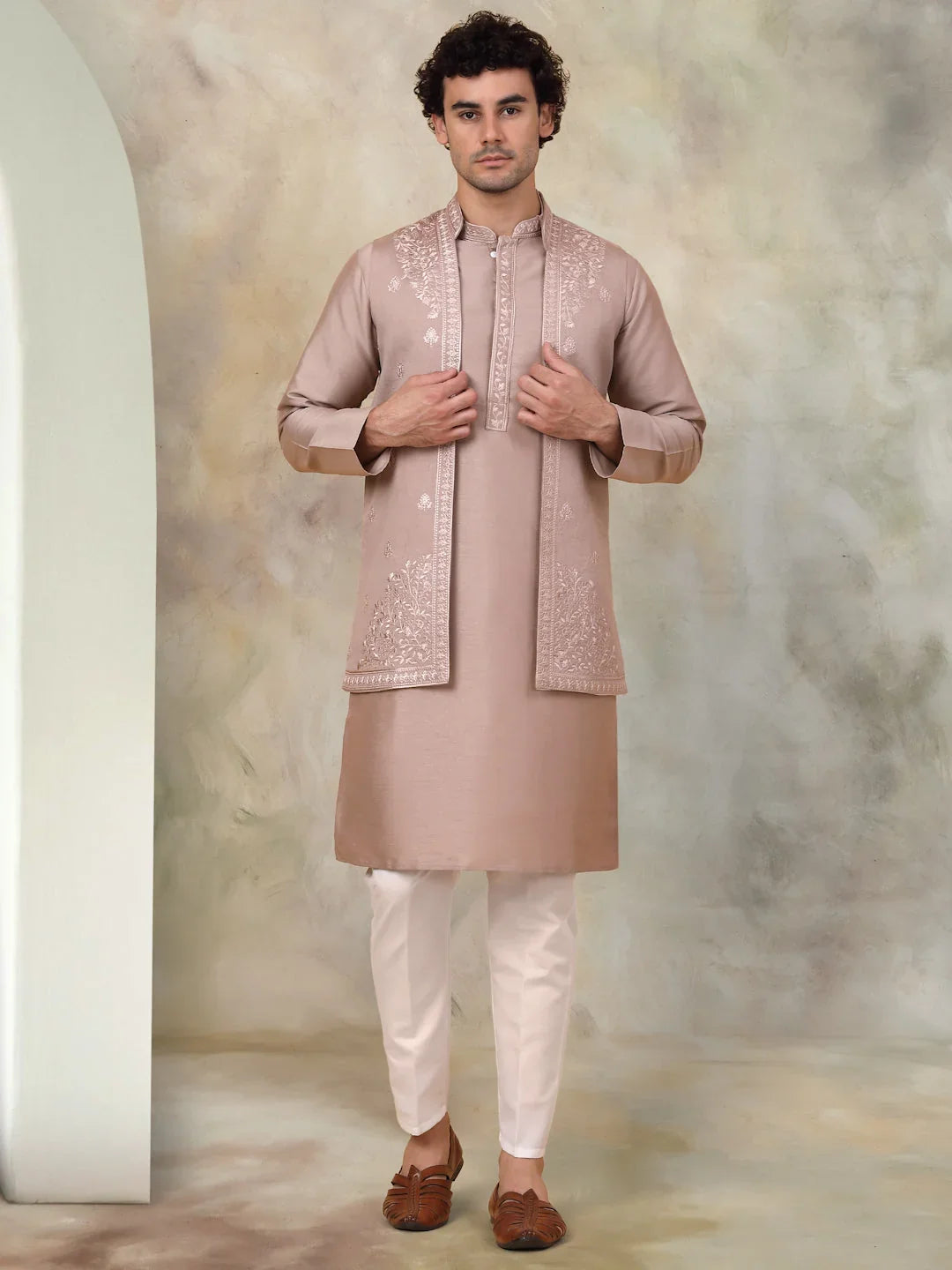 Men's Embroidered Waistcoat and Kurta Pyjama-JOKPWCS-5062Bronze