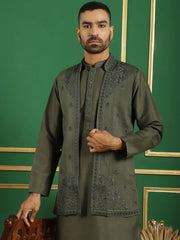 Men's Embroidered Waistcoat and Kurta Pyjama-JOKPWCS-5062Grey