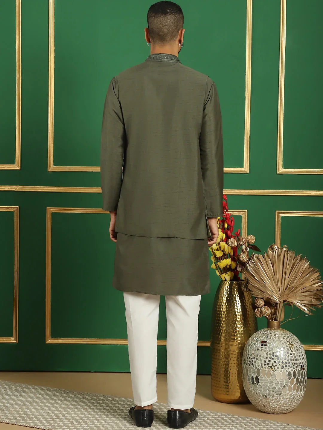 Men's Embroidered Waistcoat and Kurta Pyjama-JOKPWCS-5062Grey