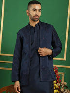 Men's Embroidered Waistcoat and Kurta Pyjama-JOKPWCS-5062Navy