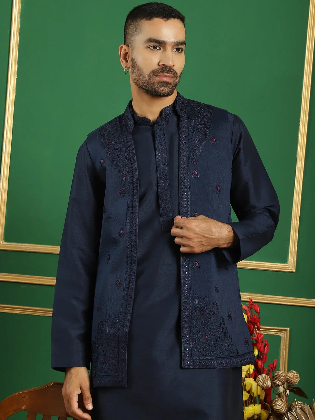 Men's Embroidered Waistcoat and Kurta Pyjama-JOKPWCS-5062Navy