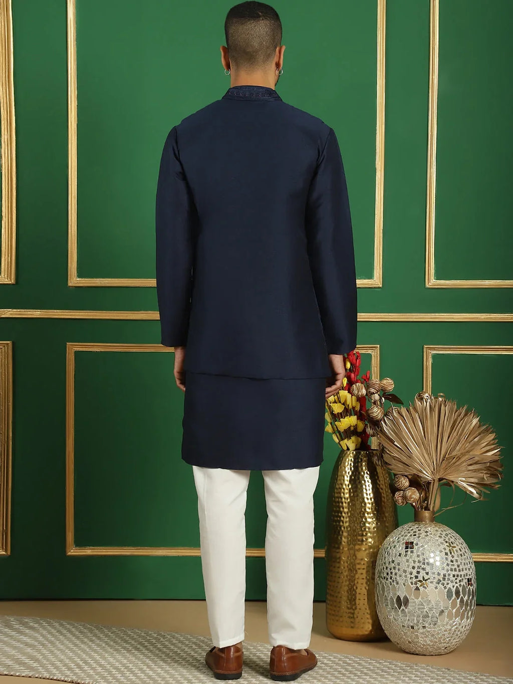 Men's Embroidered Waistcoat and Kurta Pyjama-JOKPWCS-5062Navy