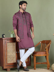 Embroidered Waistcoat & Solid Kurta Pyjama For Men ( JOKPWCS 5105Purple ) [FF] [C-1-2]