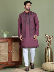Embroidered Waistcoat & Solid Kurta Pyjama For Men ( JOKPWCS 5105Purple ) [FF] [C-1-2]
