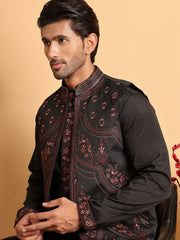 Embroidered Waistcoat and Kurta Pyjama For Men ( JOKPWCS 5114Black ) [FF] [D-4]