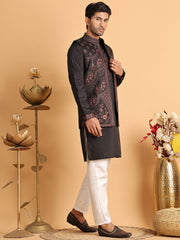 Embroidered Waistcoat and Kurta Pyjama For Men ( JOKPWCS 5114Black ) [FF] [D-4]