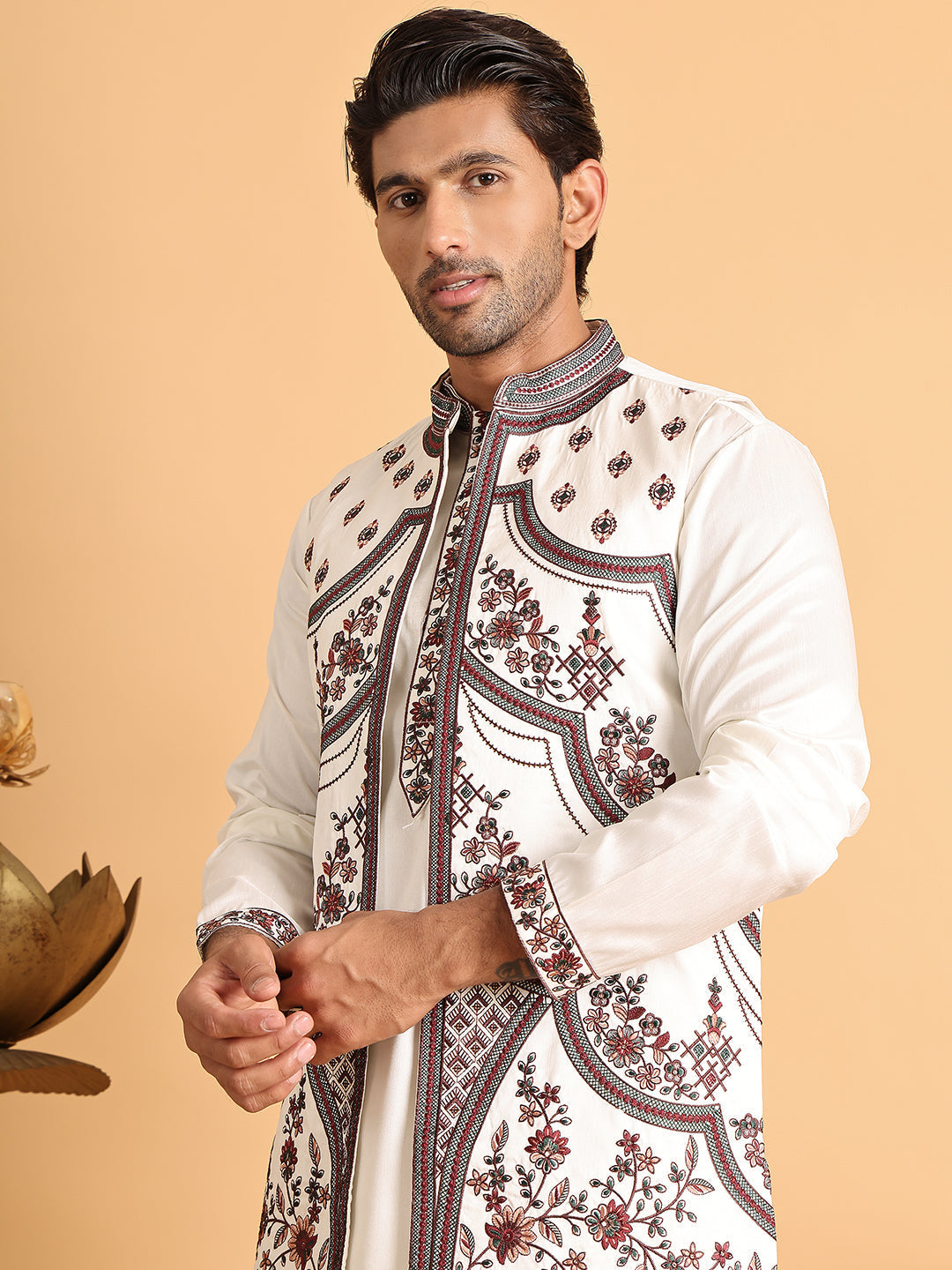 Embroidered Waistcoat and Kurta Pyjama For Men ( JOKPWCS 5114White ) [FF] [D-4]