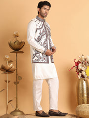 Embroidered Waistcoat and Kurta Pyjama For Men ( JOKPWCS 5114White ) [FF] [D-4]