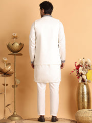 Embroidered Waistcoat and Kurta Pyjama For Men ( JOKPWCS 5114White ) [FF] [D-4]