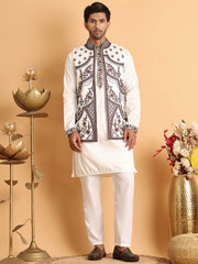 Embroidered Waistcoat and Kurta Pyjama For Men ( JOKPWCS 5114White ) [FF] [D-4]