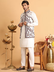 Embroidered Waistcoat and Kurta Pyjama For Men ( JOKPWCS 5114White ) [FF] [D-4]