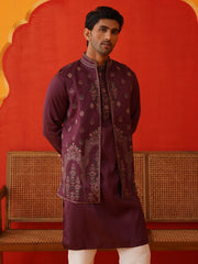 Embroidered Waistcoat & Solid Kurta Pyjama For Men ( JOKPWCS 5139Purple ) [FF] [C-8-9]