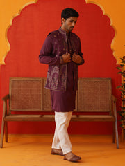 Embroidered Waistcoat & Solid Kurta Pyjama For Men ( JOKPWCS 5139Purple ) [FF] [C-8-9]