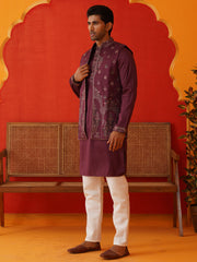 Embroidered Waistcoat & Solid Kurta Pyjama For Men ( JOKPWCS 5139Purple ) [FF] [C-8-9]