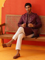 Embroidered Waistcoat & Solid Kurta Pyjama For Men ( JOKPWCS 5139Purple ) [FF] [C-8-9]