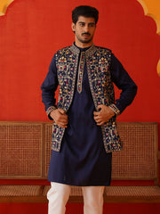 Embroidered Waistcoat & Solid Kurta Pyjama For Men ( JOKPWCS 5143Navy ) [FF] [D-7-8]