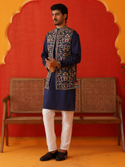 Embroidered Waistcoat & Solid Kurta Pyjama For Men ( JOKPWCS 5143Navy ) [FF] [D-7-8]