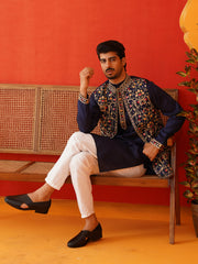 Embroidered Waistcoat & Solid Kurta Pyjama For Men ( JOKPWCS 5143Navy ) [FF] [D-7-8]