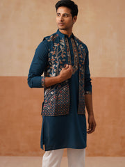 Elegant Leaf Embroidered Waistcoat with Kurta Pyjama ( JOKPWCS 5276 Peacock ) [FF] [F-4-5]