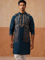 Elegant Leaf Embroidered Waistcoat with Kurta Pyjama ( JOKPWCS 5276 Peacock ) [FF] [F-4-5]