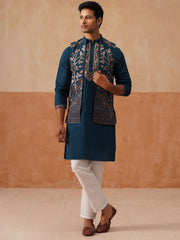 Elegant Leaf Embroidered Waistcoat with Kurta Pyjama ( JOKPWCS 5276 Peacock ) [FF] [F-4-5]