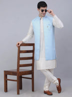 Men's Solid Kurta Pyjama With Shrug Jacket ( JOKPWCS W-D 4067Blue )-JOKPWCS-W-D-4067