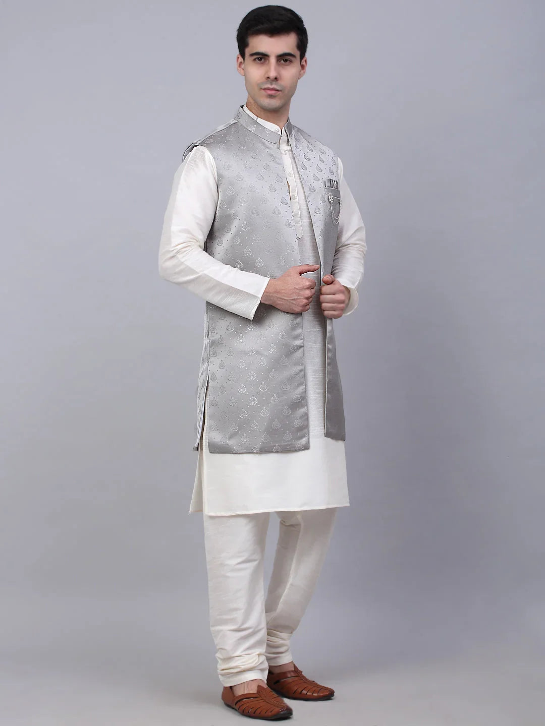 Men's Solid Kurta Pyjama With Shrug Jacket ( JOKPWCS W-D 4068Grey )-JOKPWCS-W-D-4068