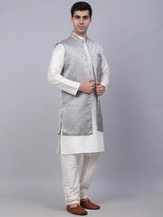 Men's Solid Kurta Pyjama With Shrug Jacket ( JOKPWCS W-D 4068Grey )-JOKPWCS-W-D-4068