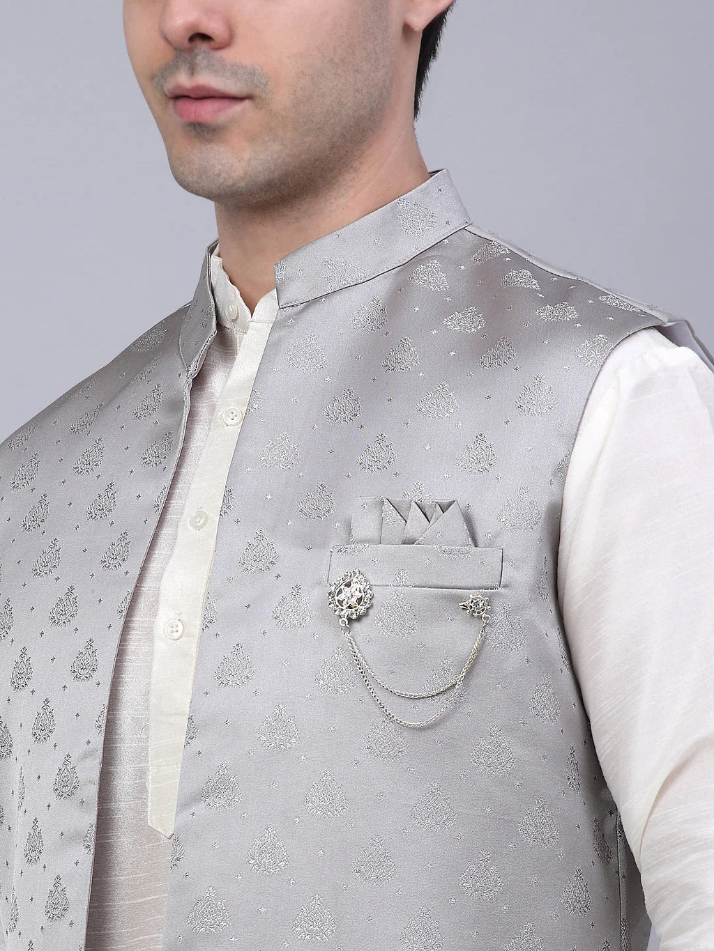 Men's Solid Kurta Pyjama With Shrug Jacket ( JOKPWCS W-D 4068Grey )-JOKPWCS-W-D-4068