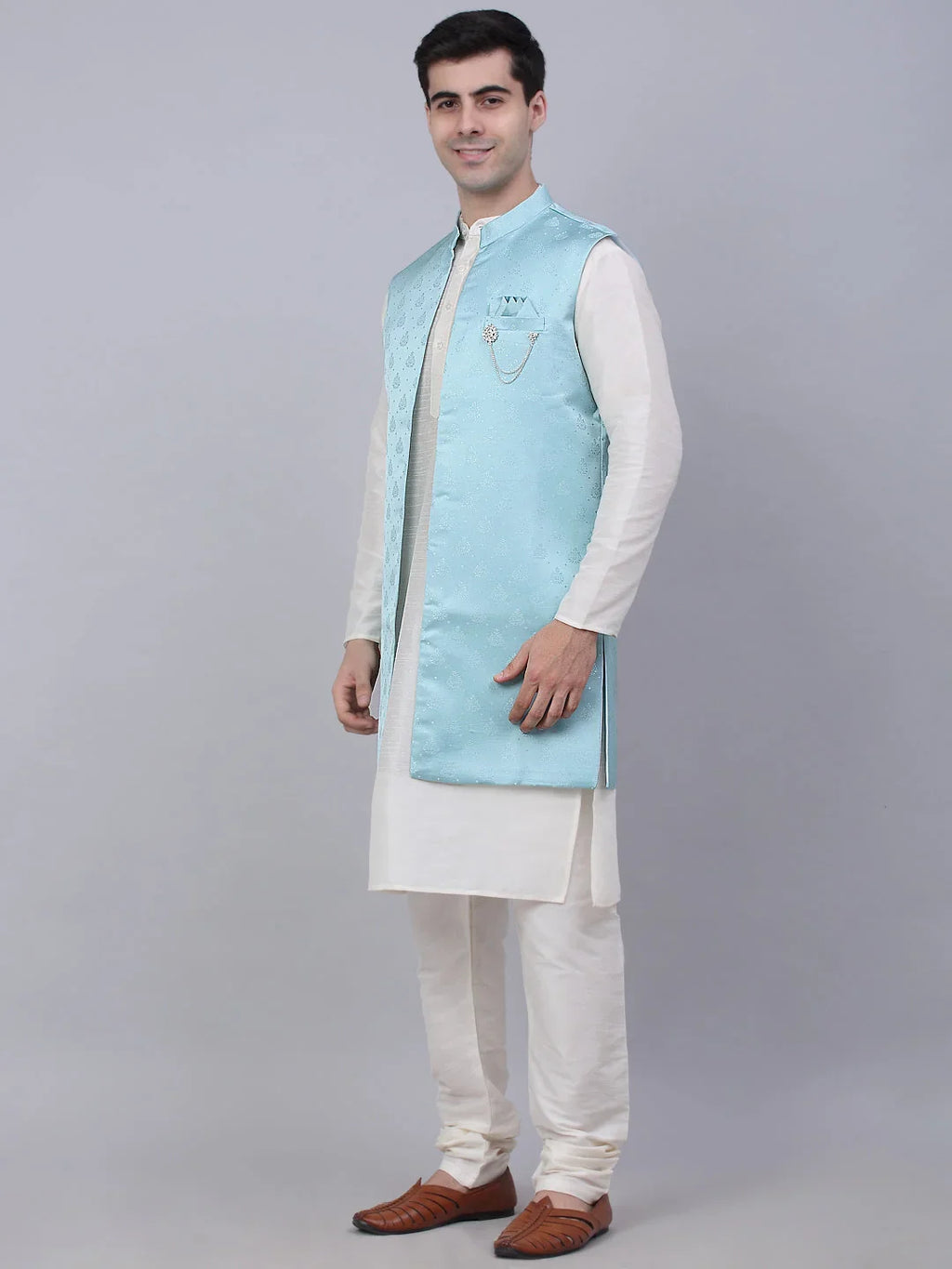 Men's Solid Kurta Pyjama With Shrug Jacket ( JOKPWCS W-D 4068Sky )-JOKPWCS-W-D-4068