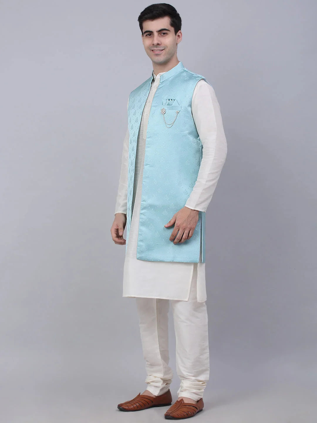 Men's Solid Kurta Pyjama With Shrug Jacket ( JOKPWCS W-D 4068Sky )-JOKPWCS-W-D-4068