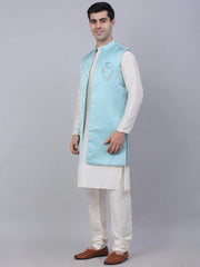 Men's Solid Kurta Pyjama With Shrug Jacket ( JOKPWCS W-D 4068Sky )-JOKPWCS-W-D-4068