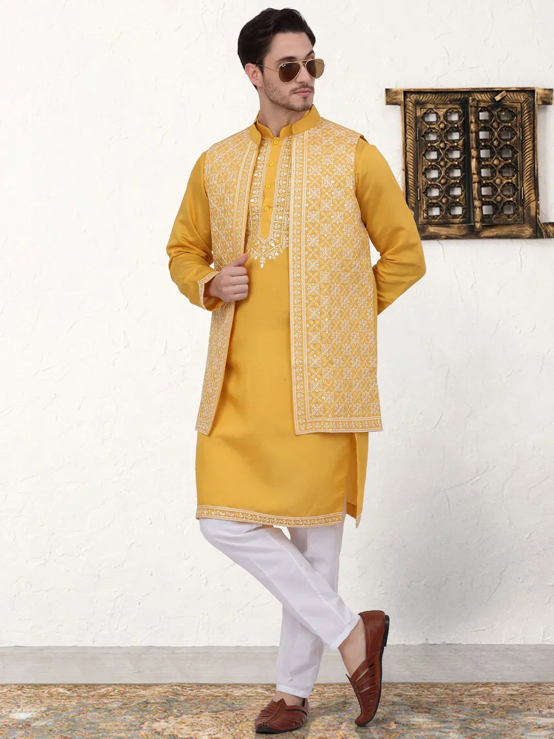 Men's Embroidered Waistcoat and Kurta Pyjama-JOKPWCS-WZ