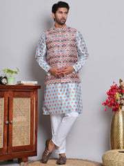 Printed Nehru Jacket & Kurta Pyjama Set ( JOKPWC 5148B 4122Blue )