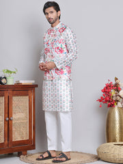 Printed Nehru Jacket & Kurta Pyjama Set ( JOKPWC 5148W 4122White )