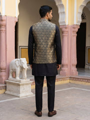 Woven Design Ethnic Nehru Jacket with Kurta Pyjama Set ( JOKPWC 5586B 4088Golden )