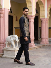 Woven Design Ethnic Nehru Jacket with Kurta Pyjama Set ( JOKPWC 5586B 4088Golden )