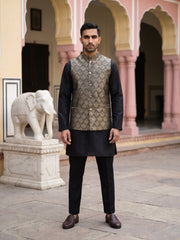 Woven Design Ethnic Nehru Jacket with Kurta Pyjama Set ( JOKPWC 5586B 4088Golden )