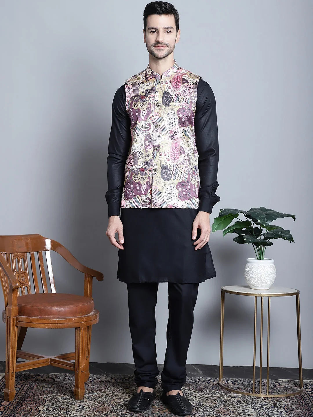 Men's Digital Print and Zari Work Nehru Jacket Kurta Pyjama Set