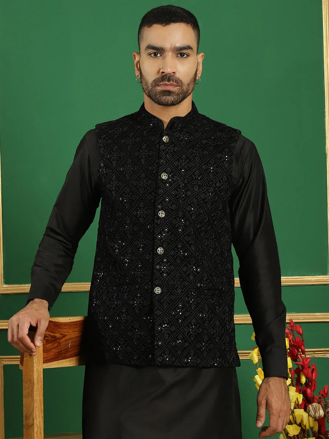 Black Velvet Solid Indian Wear for Men | DesiQlo India