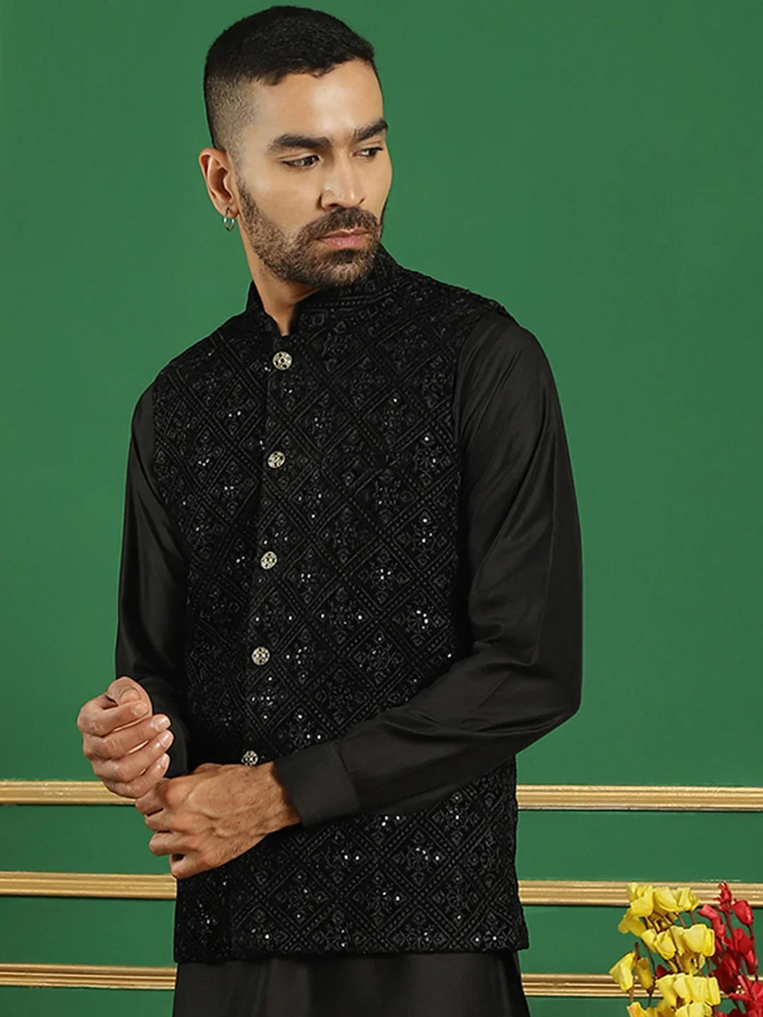 Men's Sequins Velvet Nehru Jacket-JOWC-4099Black