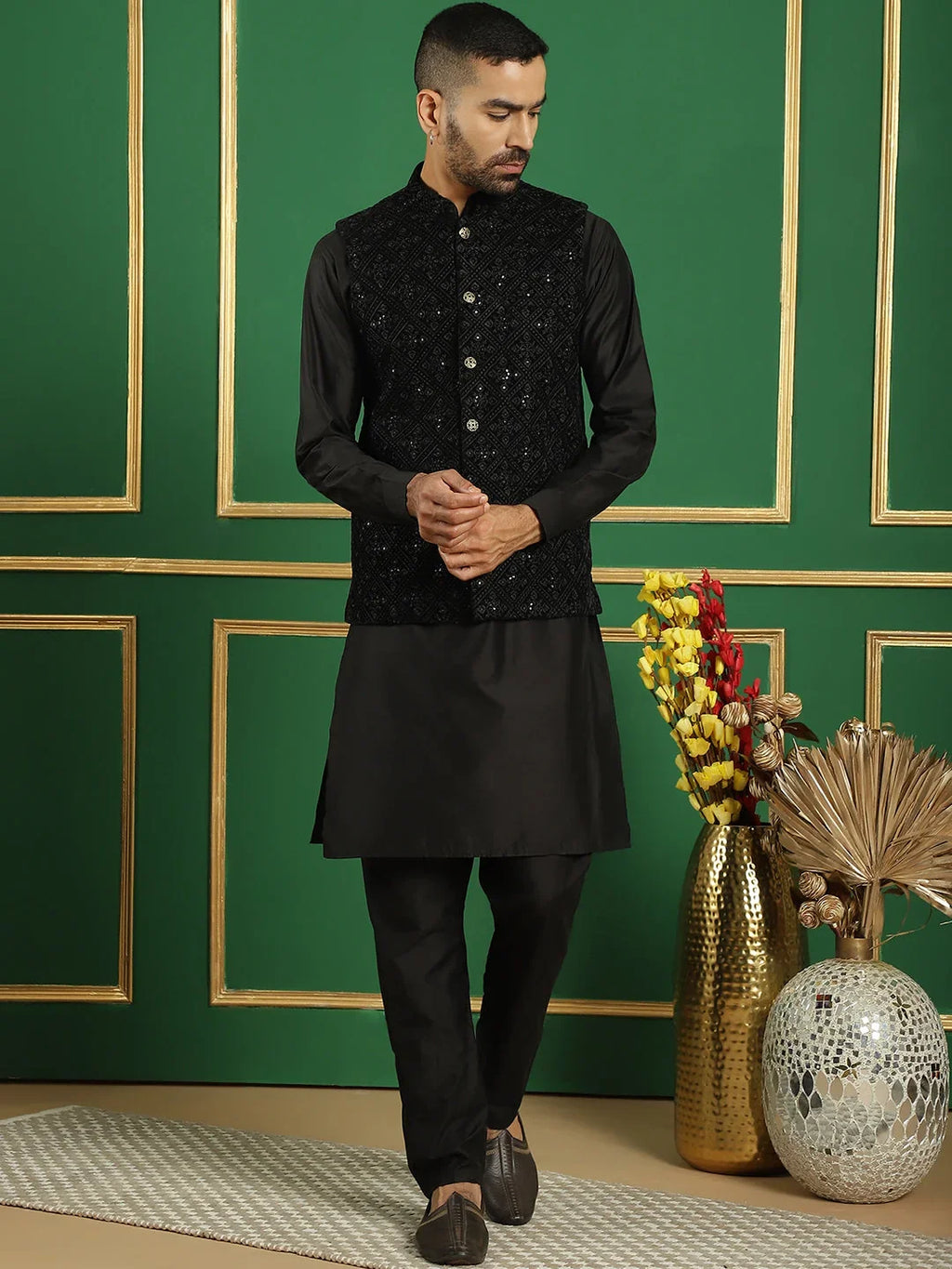 Men's Velvet Nehru Jacket With Solid Kurta Pyjama-JOKPWC-592B