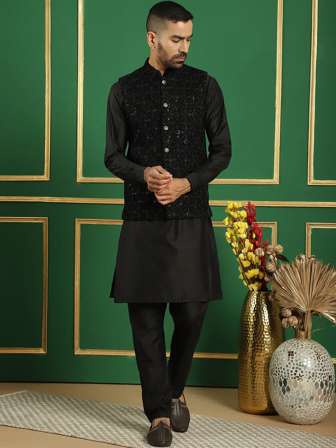Men's Velvet Nehru Jacket With Solid Kurta Pyjama-JOKPWC-592B
