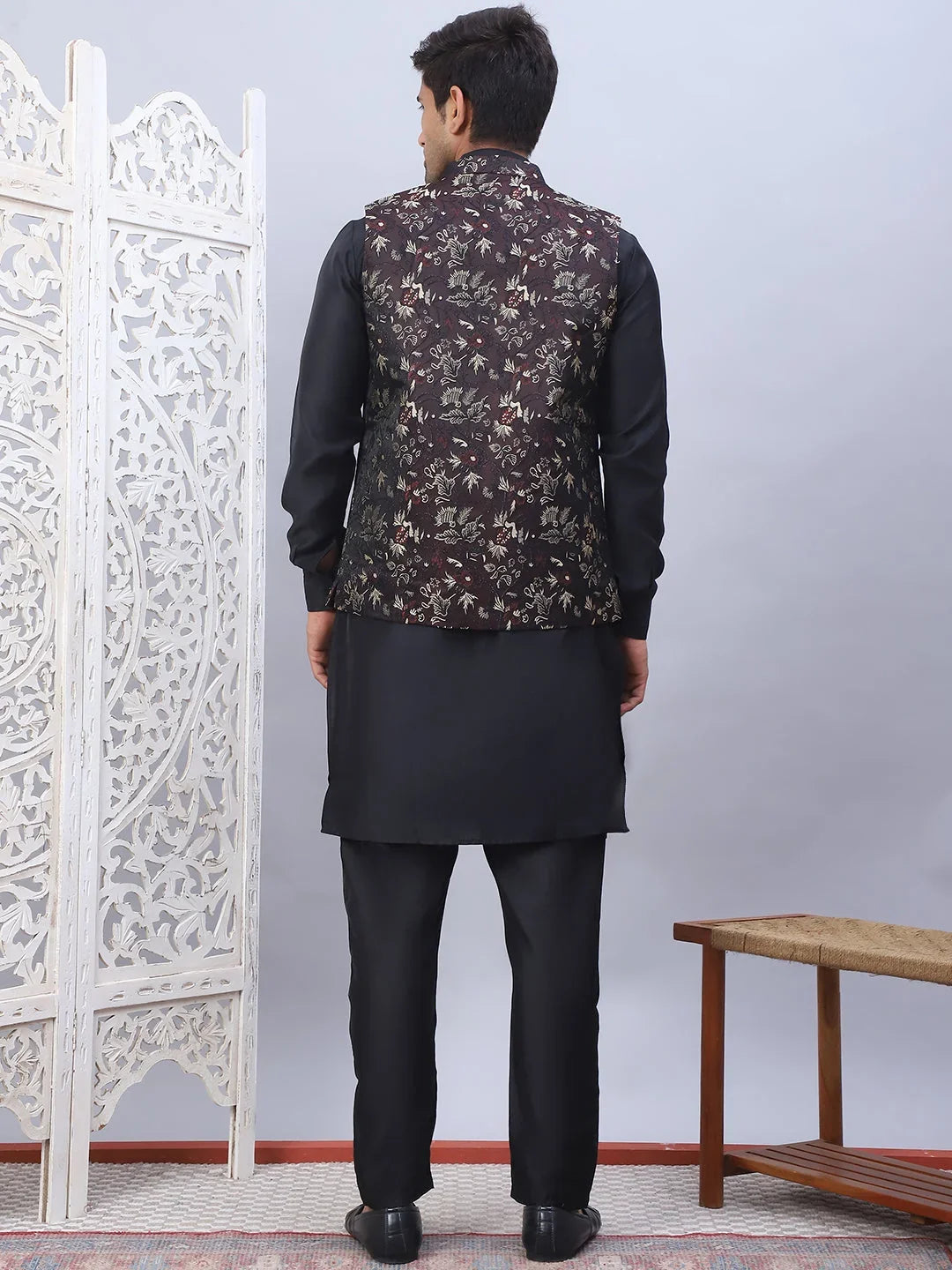 Embossed Nehru Jacket With Solid Kurta Pyjama Set-JOKPWC-52B