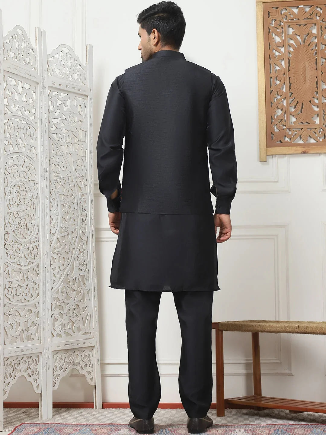 Embroidered Nehru Jacket With Solid Kurta Pyjama Set-JOKPWC-592BW
