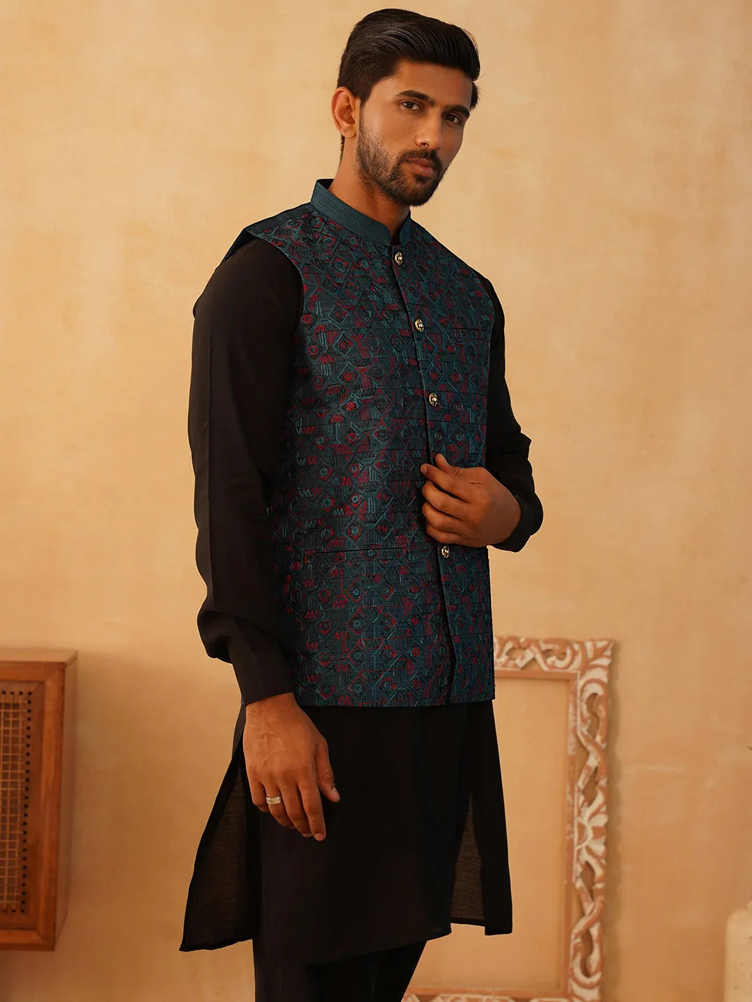 Embroidered Nehru Jacket With Solid Kurta Pyjama Set-JOKPWC-592B