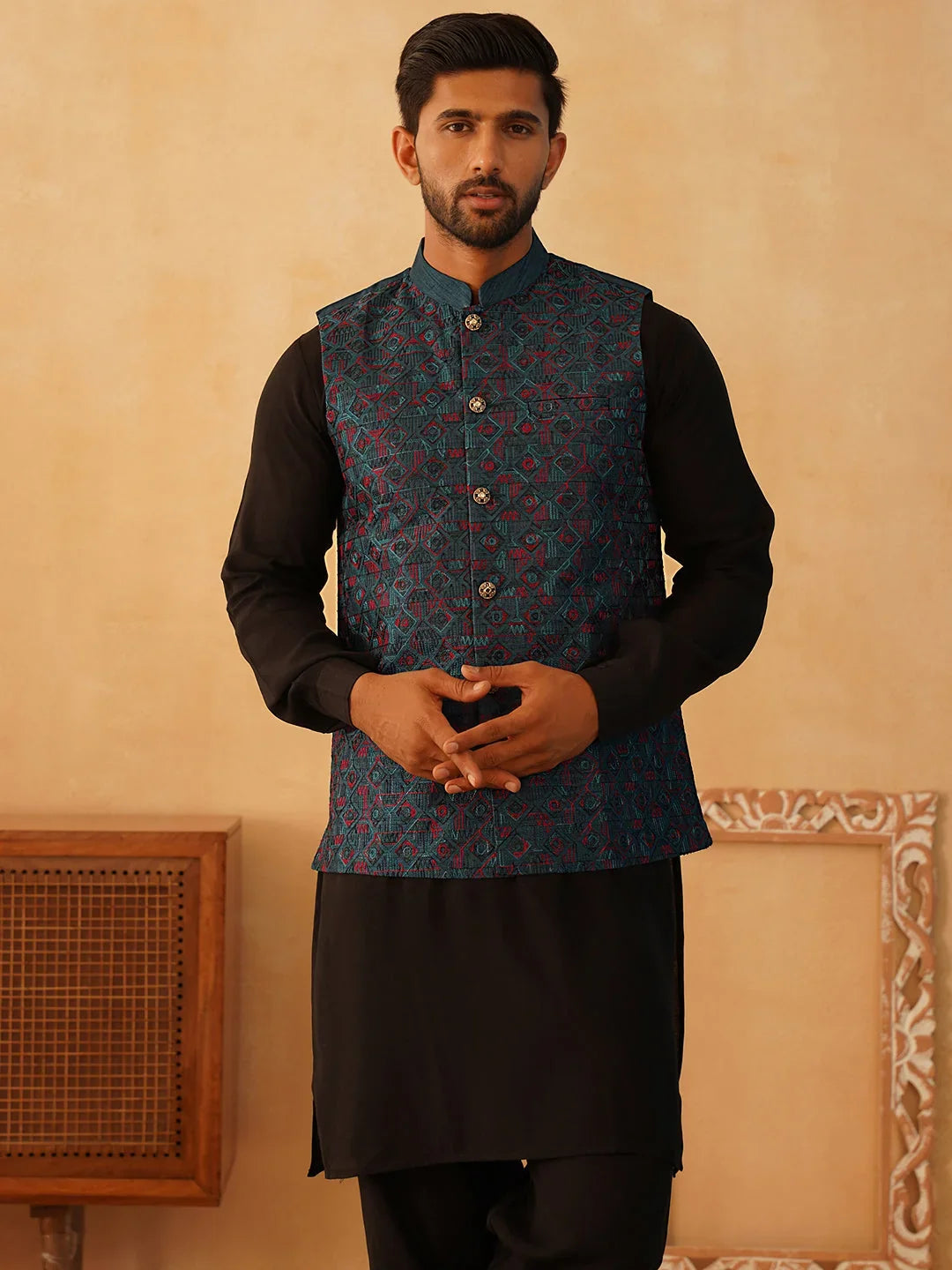 Embroidered Nehru Jacket With Solid Kurta Pyjama Set-JOKPWC-592B
