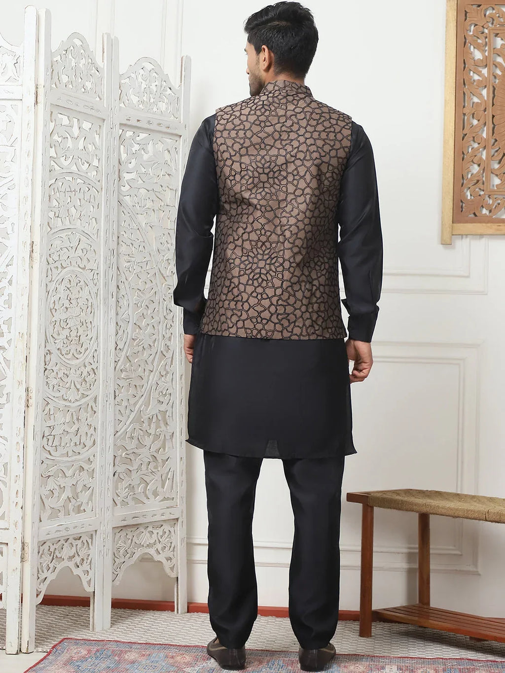 Embroidered Nehru Jacket With Solid Kurta Pyjama Set-JOKPWC-59W2B