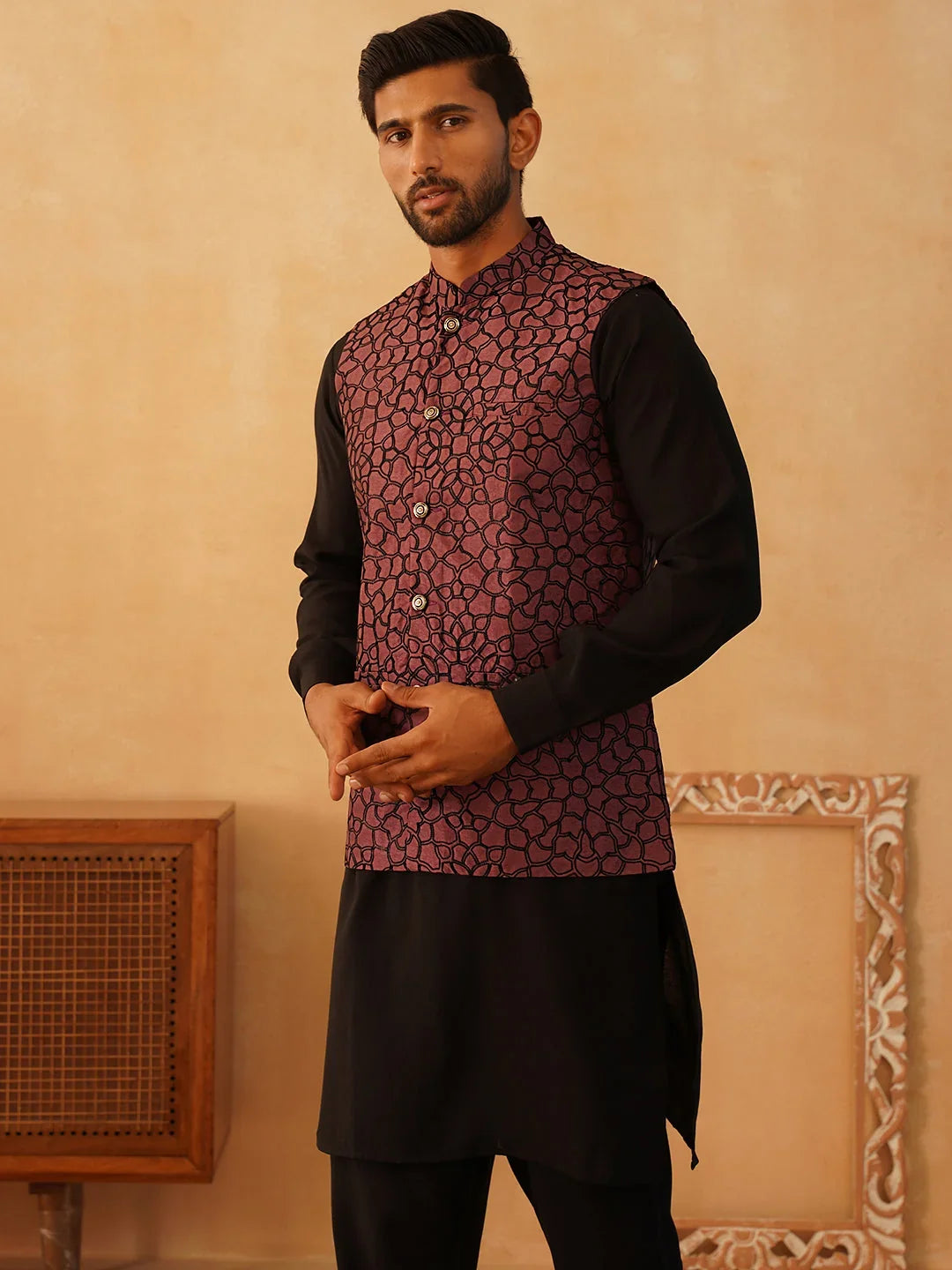 Embroidered Nehru Jacket With Solid Kurta Pyjama Set-JOKPWC-5912B