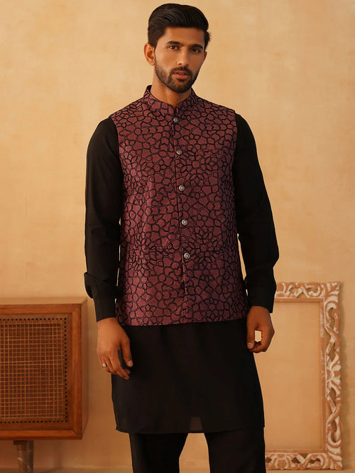 Embroidered Nehru Jacket With Solid Kurta Pyjama Set-JOKPWC-5912B